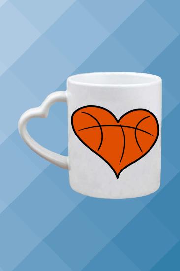 Basketbol Temalı Baskılı Porselen Kalpli Kulp Kupa Bardak Çay Kahve Fincanı