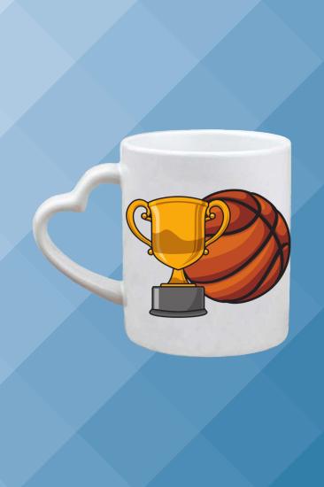 Basketbol Temalı Baskılı Porselen Kalpli Kulp Kupa Bardak Çay Kahve Fincanı