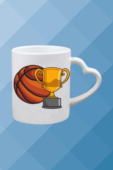 Basketbol Temalı Baskılı Porselen Kalpli Kulp Kupa Bardak Çay Kahve Fincanı