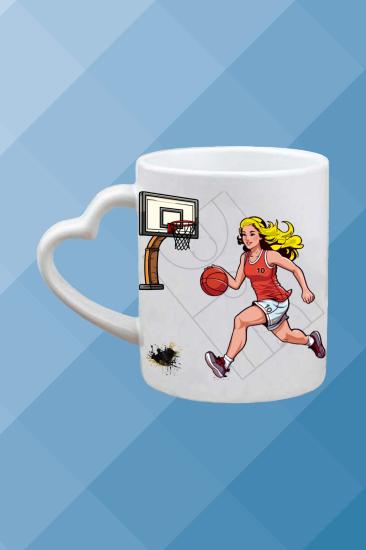 Basketbol Temalı Baskılı Porselen Kalpli Kulp Kupa Bardak Çay Kahve Fincanı