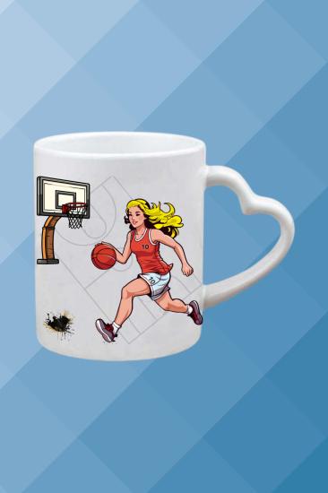 Basketbol Temalı Baskılı Porselen Kalpli Kulp Kupa Bardak Çay Kahve Fincanı