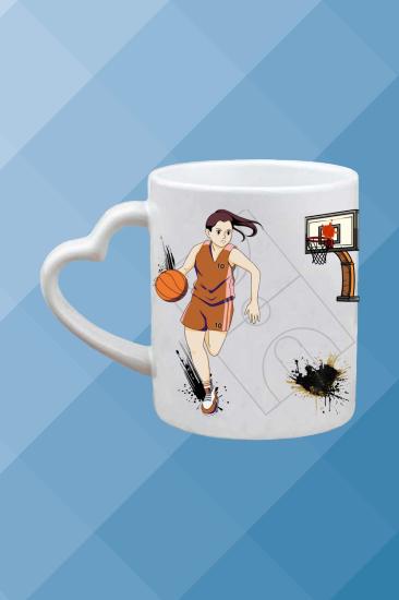 Basketbol Temalı Baskılı Porselen Kalpli Kulp Kupa Bardak Çay Kahve Fincanı