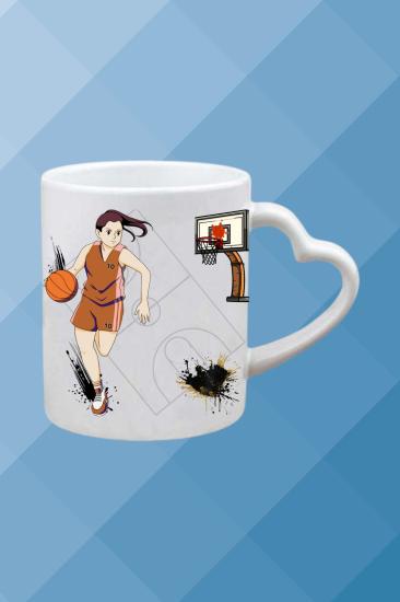 Basketbol Temalı Baskılı Porselen Kalpli Kulp Kupa Bardak Çay Kahve Fincanı
