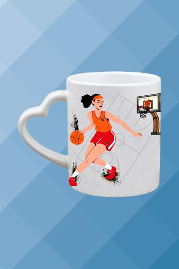 Basketbol Temalı Baskılı Porselen Kalpli Kulp Kupa Bardak Çay Kahve Fincanı