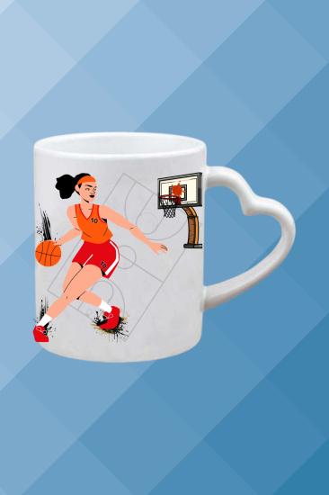 Basketbol Temalı Baskılı Porselen Kalpli Kulp Kupa Bardak Çay Kahve Fincanı