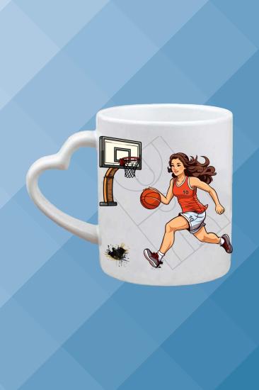 Basketbol Temalı Baskılı Porselen Kalpli Kulp Kupa Bardak Çay Kahve Fincanı