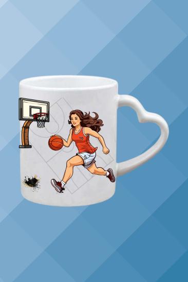 Basketbol Temalı Baskılı Porselen Kalpli Kulp Kupa Bardak Çay Kahve Fincanı