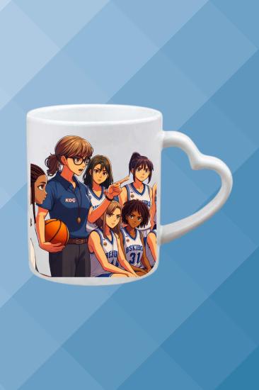 Basketbol Temalı Baskılı Porselen Kalpli Kulp Kupa Bardak Çay Kahve Fincanı