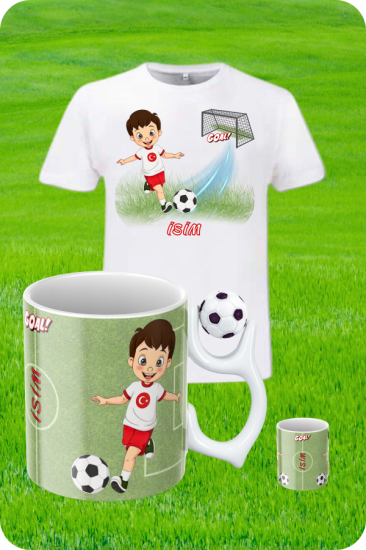 Kırmızı Beyaz Formalı Baskılı T-Shirt - Futbol Toplu Kupa