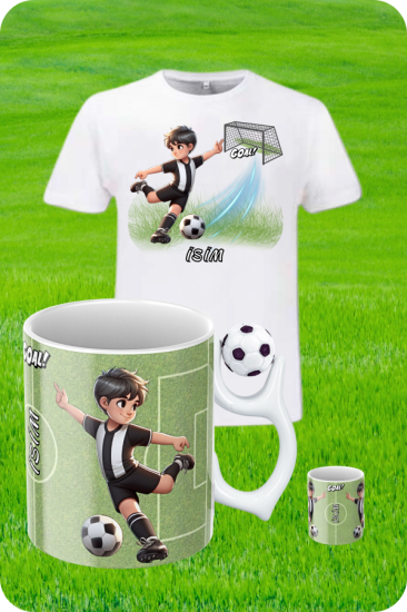 Siyah Beyaz Formalı Baskılı T-Shirt - Futbol Toplu Kupa