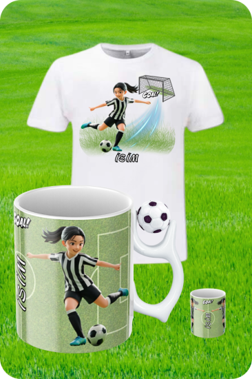 Siyah Beyaz Formalı Baskılı T-Shirt - Futbol Toplu Kupa