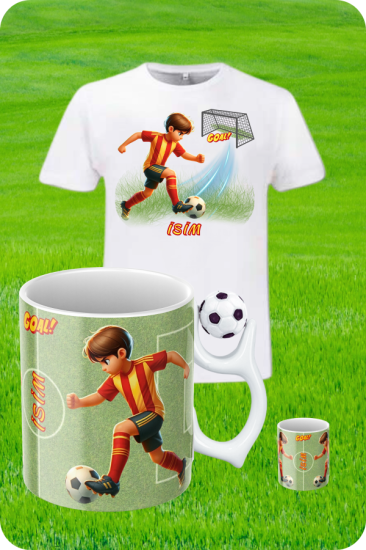 Sarı Kırmızı Formalı Baskılı T-Shirt - Futbol Toplu Kupa
