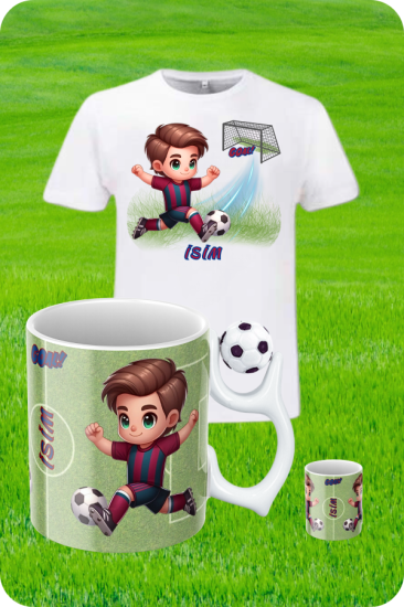 Bordo Mavili Formalı Baskılı T-Shirt - Futbol Toplu Kupa