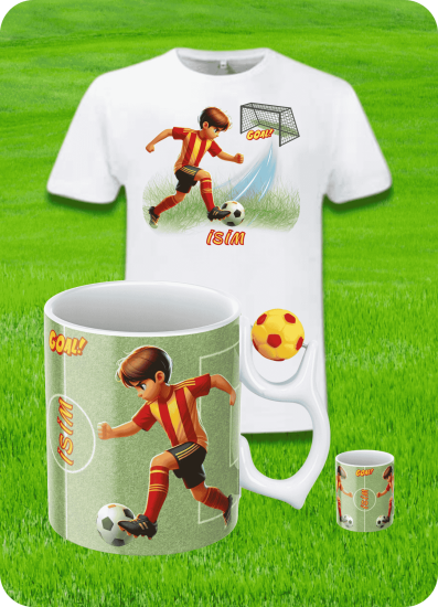 Sarı Kırmızı Formalı Baskılı T-Shirt - Sarı Kırmızı Futbol Toplu Kupa