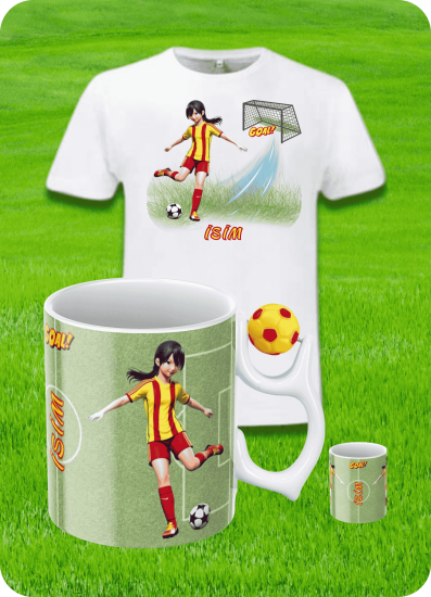 Sarı Kırmızı Formalı Baskılı T-Shirt - Futbol Toplu Kupa